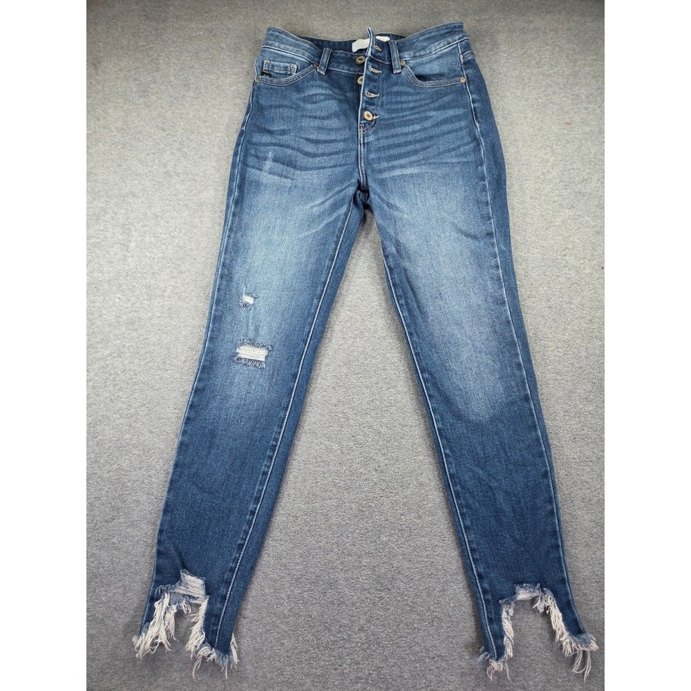 Kancan Womens KC9183D High Rise Button Fly Skinny Jeans 7/27 Blue Distressed